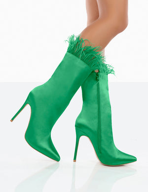 Out Out Green Satin Pointed Toe Faux Feather Ankle Boots