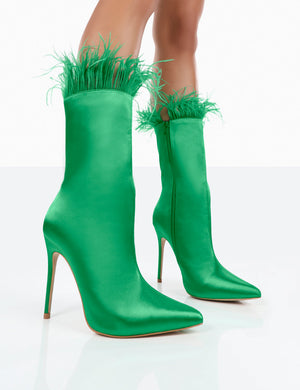 Out Out Green Satin Pointed Toe Faux Feather Ankle Boots