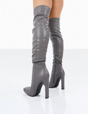 Kenza X Public Desire Pyrite Grey Patent over the Knee Heeled Boots