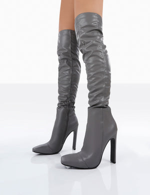 Kenza X Public Desire Pyrite Grey Patent over the Knee Heeled Boots