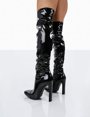 Kenza X Public Desire Pyrite Black Patent over the Knee Heeled Boots