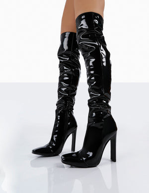 Kenza X Public Desire Pyrite Black Patent over the Knee Heeled Boots