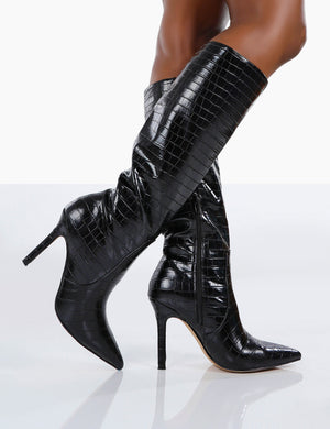 Kenza X Public Desire Rosalie Black Croc Heeled Knee High Boots