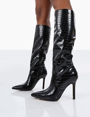 Kenza X Public Desire Rosalie Black Croc Heeled Knee High Boots