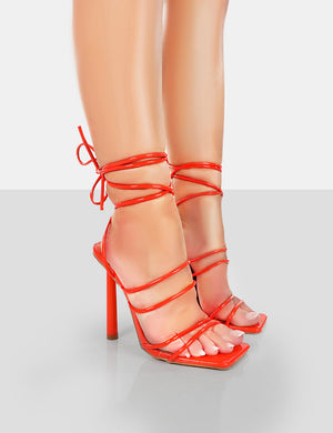 Make Way Orange Patent Strappy Lace Up Square Toe Stilettos
