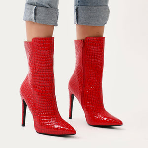 Chile Asymmetric Pointed Toe Ankle Boots in Red Faux Snake