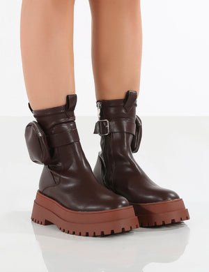 Amber x Public Desire Thought Chocolate PU Tan Chunky Sole Ankle Boot