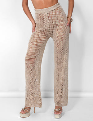 Crochet Beach Trousers High Waisted Wide Leg Metallic Thread Gold