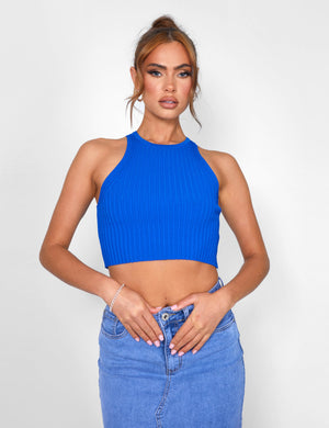 Knitted Ribbed Racer Top Cobalt Blue