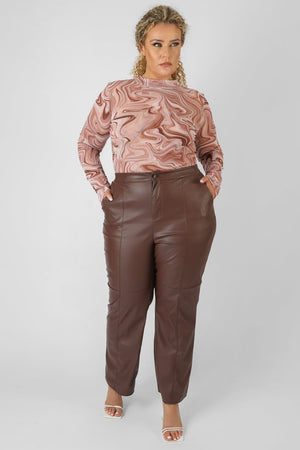 Curve Pu Seam Front Split Detail Trousers Chocolate