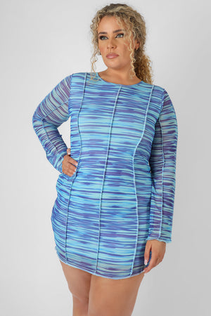 Curve Space Dye Print Mesh Dress Blue