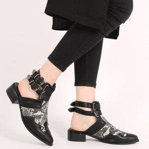 Tegan Western Style Mule Boots in Black and Snake Print