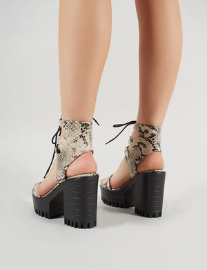 Hailey Lace Up Chunky Heels in Faux Snakeskin