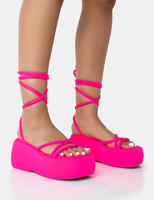 Full Moon Hot Pink Nylon Lace Up Chunky Platform Sandals