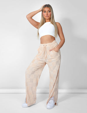 Wide Leg Split Hem Checkerboard Towelling Joggers Sand