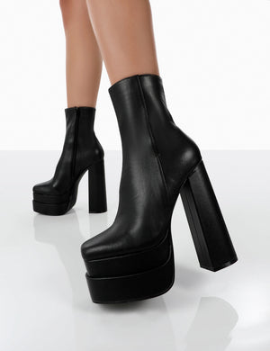 Supine Wide Fit Black Pu Chunky Platform High Heeled Ankle Boots