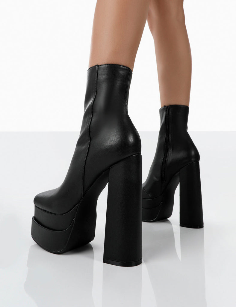 Supine Black Pu Chunky Platform High Heeled Ankle Boots