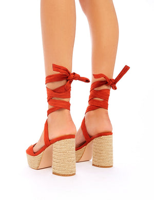 Layla Rust Faux Suede Espadrille Lace Up Block Heels