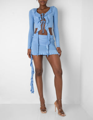 Frill Detail Ruched Mini Skirt Baby Blue