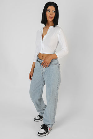 Button Front Long Sleeve Crop Top White