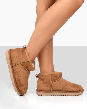 Frosty Tan Faux Suede Ultra Mini Ankle Boots