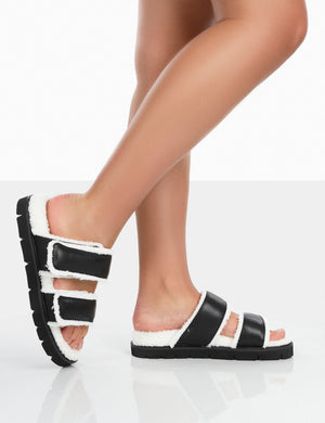 Rinc Black Pu Faux Fur Slide Sandals