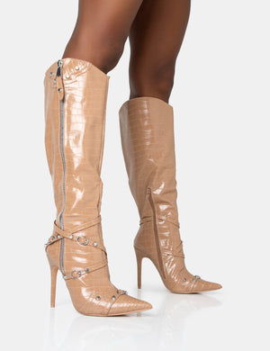 Worthy Camel Croc Studded Zip Detail Pointed Toe Stiletto Knee High Boots