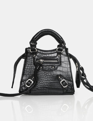 The Bea Black Croc PU Zip Detail Mini Handbag