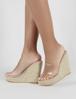 Pacha Espadrille Wedge Heeled Mules in Nude