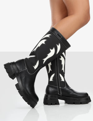 Fly Away Black Pu Round Toe Western Cowboy Knee High Boots
