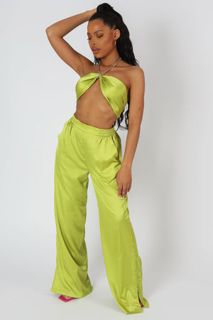 Wide Leg Satin Trousers Lime