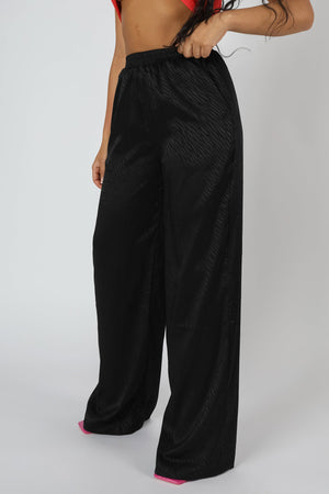 Satin Zebra Print Wide Leg Trousers Black