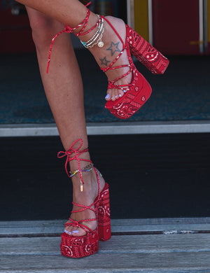 Clermonte Red Paisley Print Chunky Platform Lace Up Heels