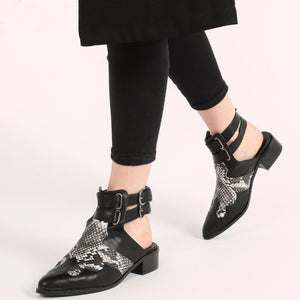 Tegan Western Style Mule Boots in Black and Snake Print