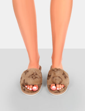 Dopey Beige Pattern Faux Fur Slider Slippers