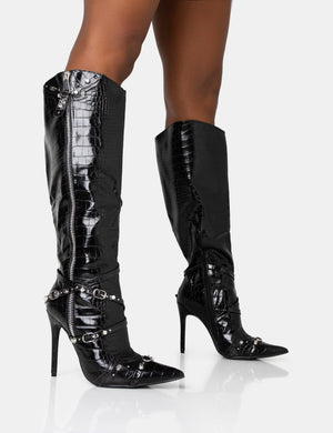 Worthy Black Croc Studded Zip Detail Pointed Toe Stiletto Knee High Boots