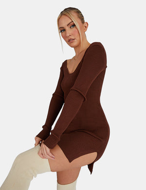 KNITTED OFF SHOULDER MINI DRESS CHOCOLATE