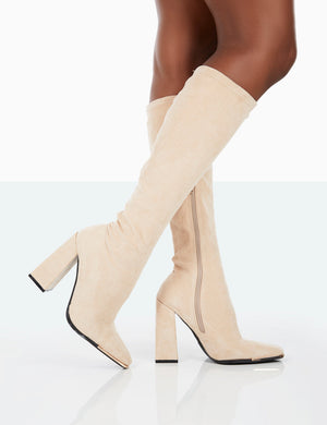 Caryn Taupe Faux Suede Knee High Heeled Boots