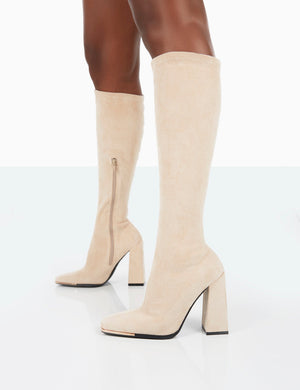 Caryn Taupe Faux Suede Knee High Heeled Boots