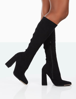 Caryn Black Faux Suede Knee High Heeled Boots