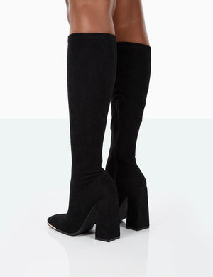 Caryn Black Faux Suede Knee High Heeled Boots