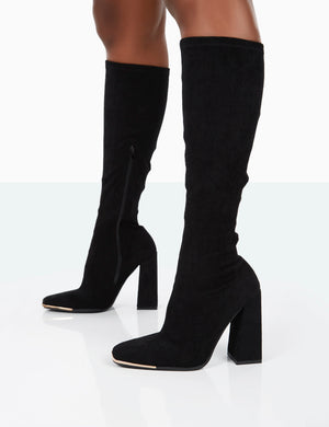 Caryn Black Faux Suede Knee High Heeled Boots