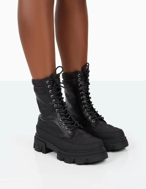 Refresh Black Pu Nylon Lace Up Ankle Boots