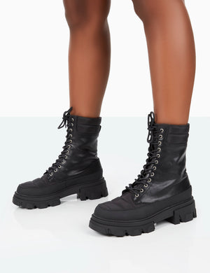 Refresh Black Pu Nylon Lace Up Ankle Boots