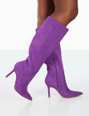 Best Believe Purple Faux Suede Pointed Toe Heeled Knee High Boots