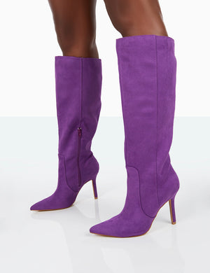 Best Believe Purple Faux Suede Pointed Toe Heeled Knee High Boots