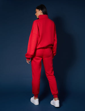 Half Zip Pullover Tonal Embroidered Sweatshirt Red