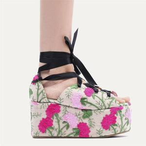 Storm Embroidered Lace Up Flatforms in Pink