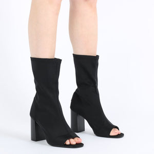Yasmin Peeptoe Sock Fit Ankle Boots in Black Stretch