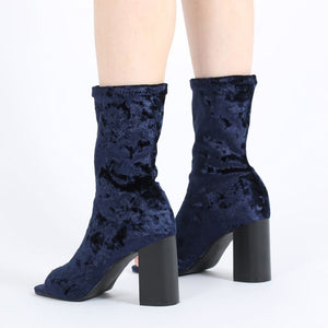 Yasmin Peeptoe Sock Fit Ankle Boots in Navy Velvet